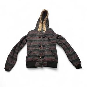 Vintage grey and red striped Roxy hoodie jacket faux fur collar